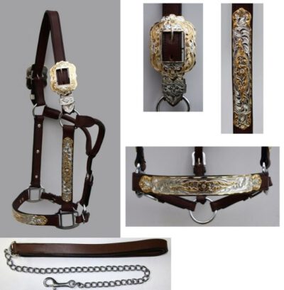 Premium Dark Show Halster Gold Silver Stones and Leadrope